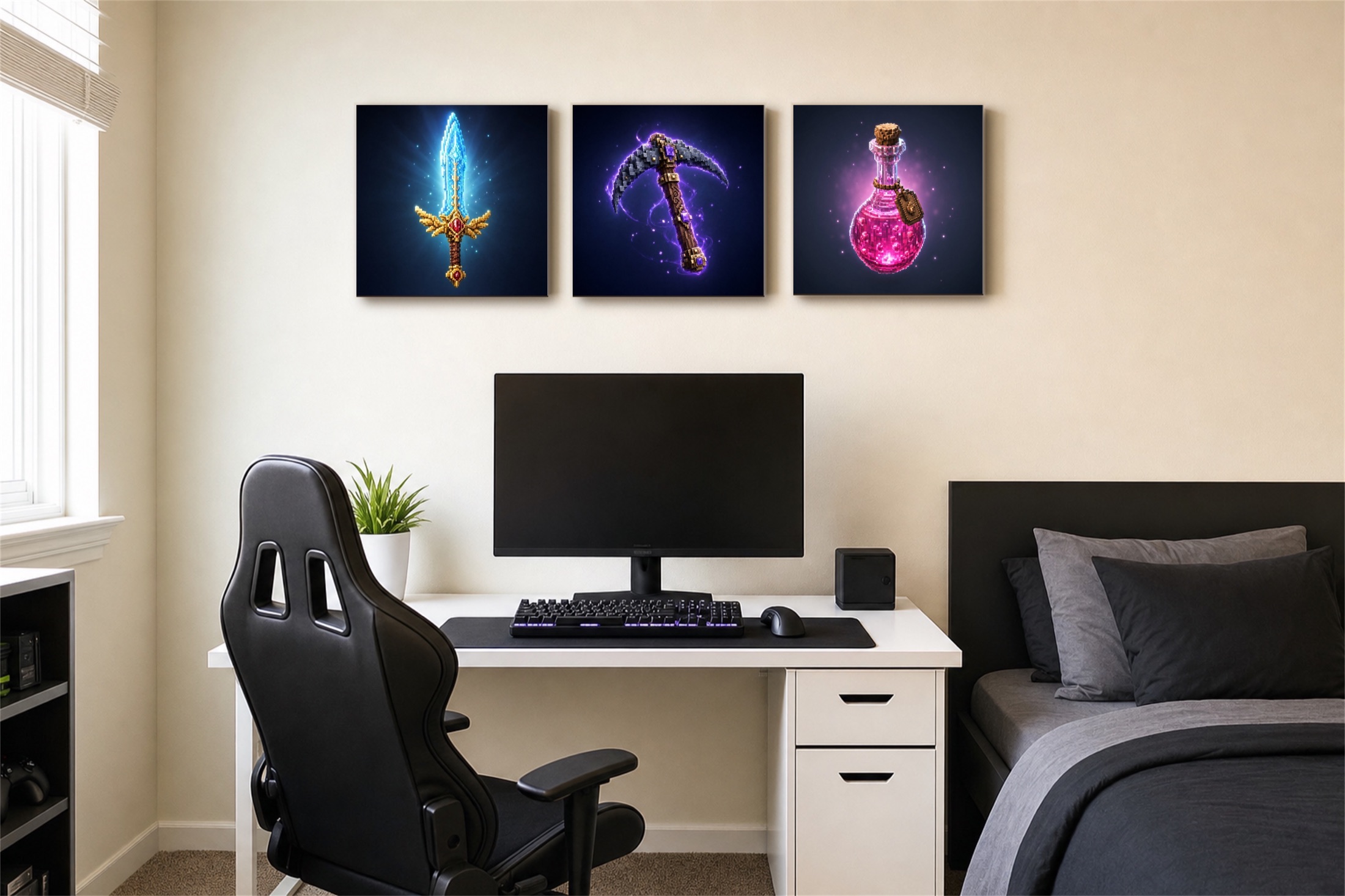 Three pixel art loot canvases hung in a row