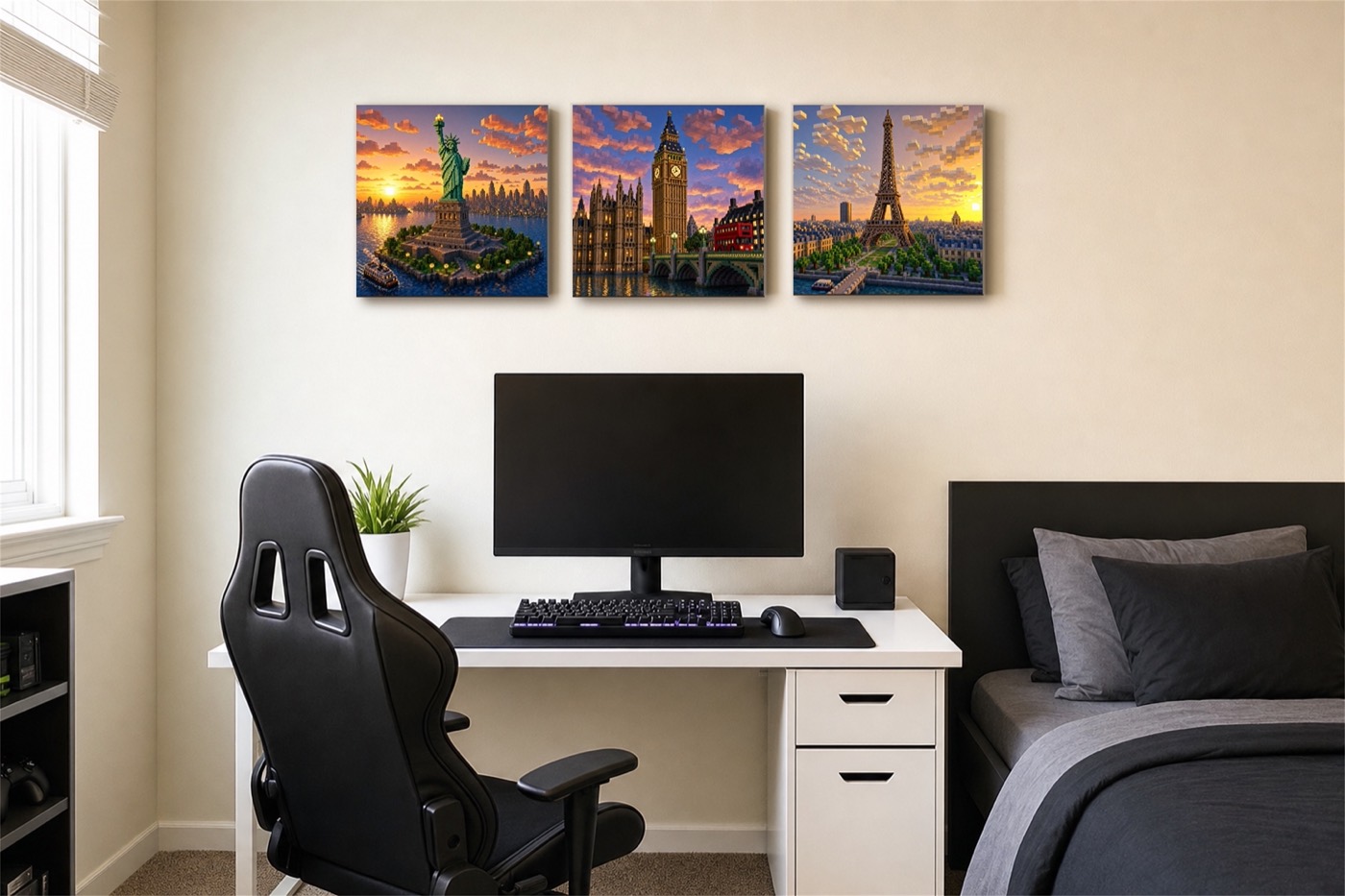 Statue of Liberty, Big Ben and Eiffel Tower canvases hung in a straight row above a desk