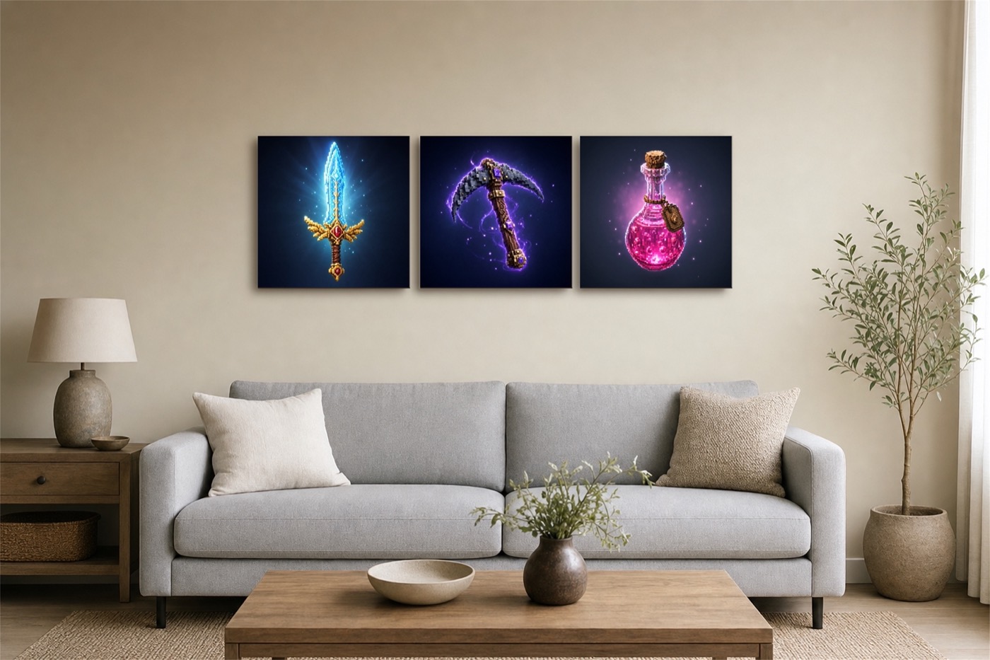 Pixel art canvases above a gaming desk