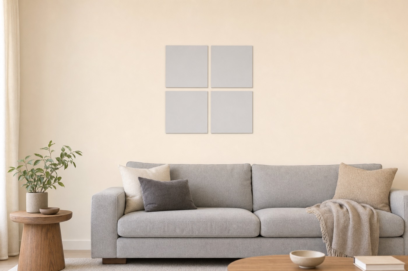 A square pixel art canvas hung above a sofa in a living room