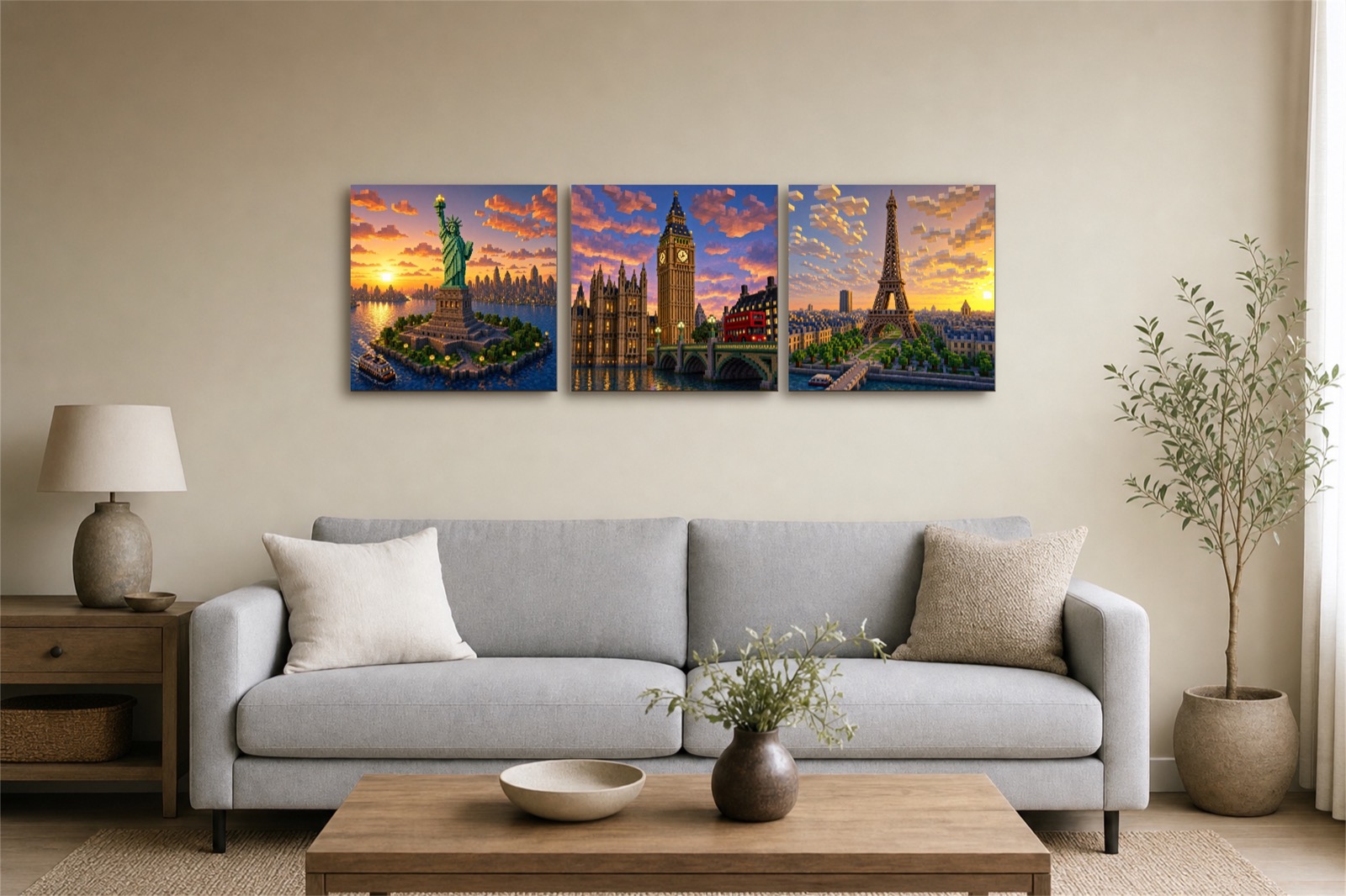 Statue of Liberty, Big Ben and Eiffel Tower pixel art canvases hung as a set of three above a sofa